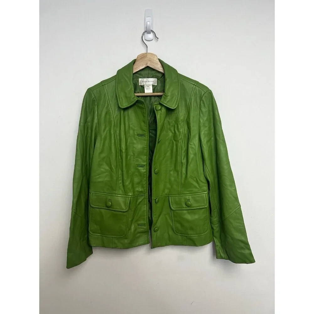 Susan Bristol Vintage Genuine Green Soft Leather Blazer Jacket Sz 10 - Picture 5 of 11
